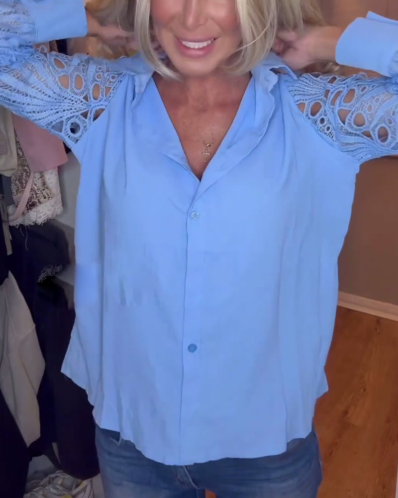 Bluse mit Revers und Spitzenärmeln in einfarbig