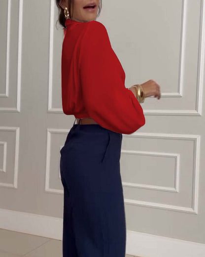 Mode unifarbene V-Ausschnitt Laternenärmel Bluse