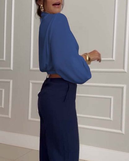 Mode unifarbene V-Ausschnitt Laternenärmel Bluse