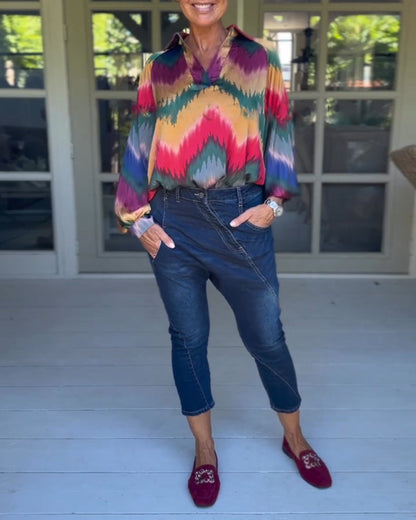 Mehrfarbiger Reverskragen Langarmtop