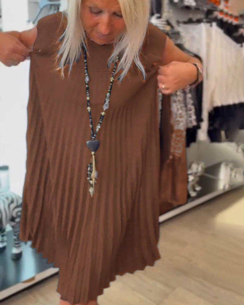 Rundhals einfarbig plissiertes Freizeitkleid
