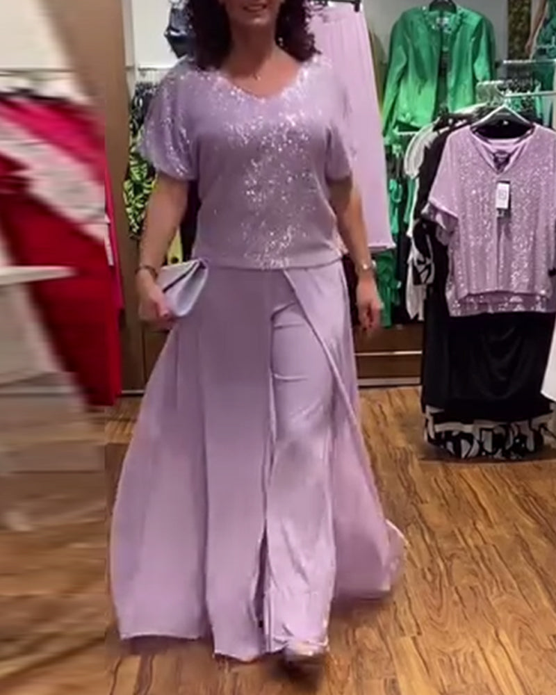 V-Ausschnitt kurzärmlige lockere Paillettenbluse