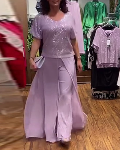 V-Ausschnitt kurzärmlige lockere Paillettenbluse