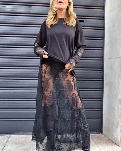 Zweiteiliges Set - einfarbiges T-Shirt und Spitzenrock