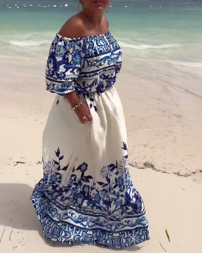Off-Shoulder Gedrucktes Resort Kleid