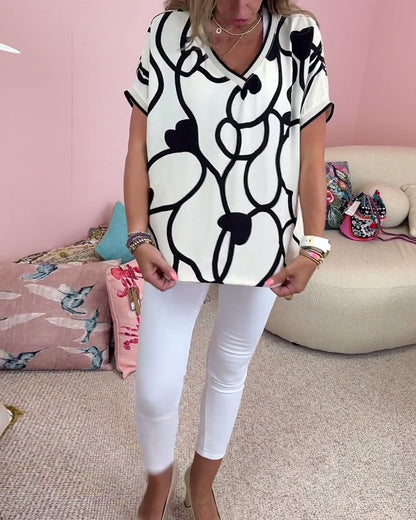 Kontrastdruck V-Ausschnitt Kurzarm Freizeitoberteil