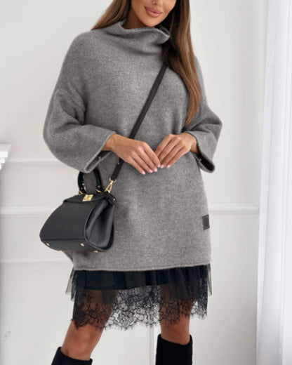 Lässiger einfarbiger Pullover mit hohem Kragen und Netzkleid-Set