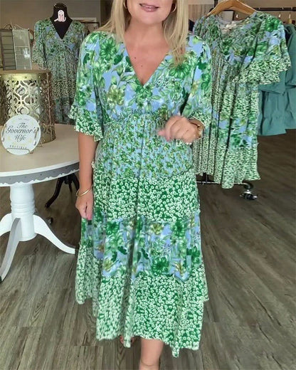 V-Ausschnitt Lotus Ärmel Blumen Kleid