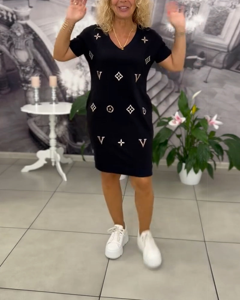 Mode V-Ausschnitt Kurzarmkleid