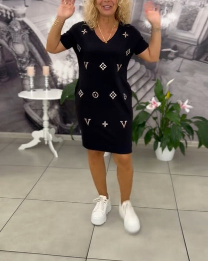 Mode V-Ausschnitt Kurzarmkleid