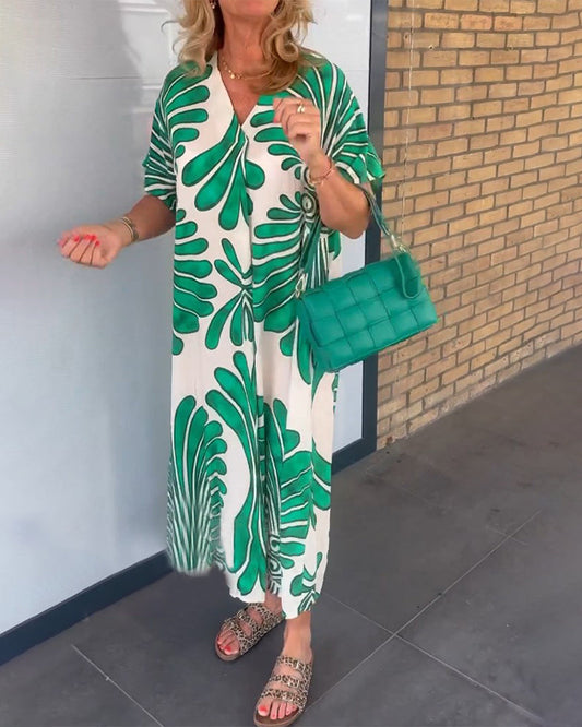 Blätterdruck V-Ausschnitt Kleid