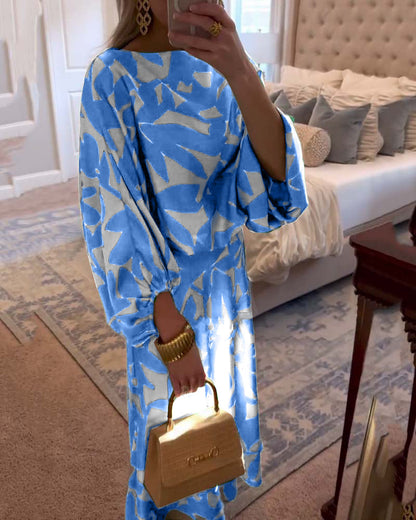 Temperament Gedruckte Laternenärmel Freizeitkleid Set