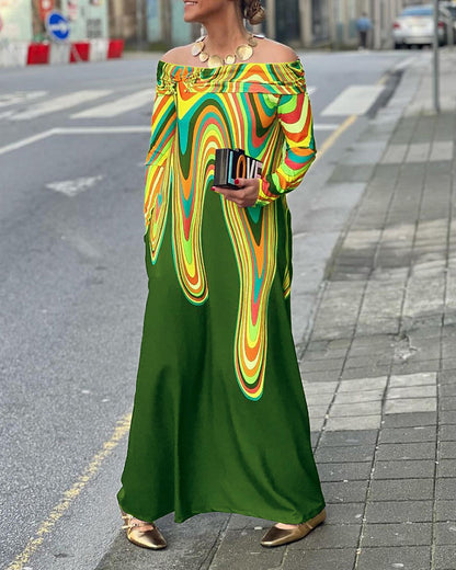 Langärmliges, elegantes Maxikleid mit schulterfreiem Schnitt