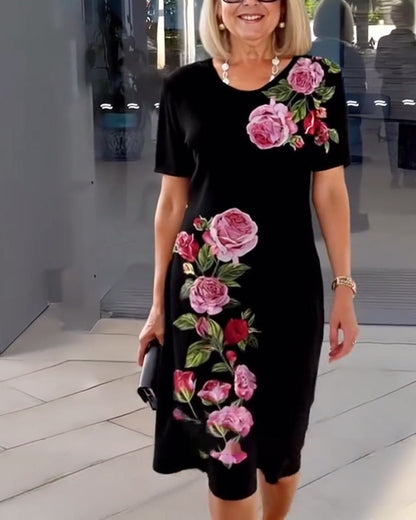 Kurzärmliges Shiftkleid mit Rosenmuster