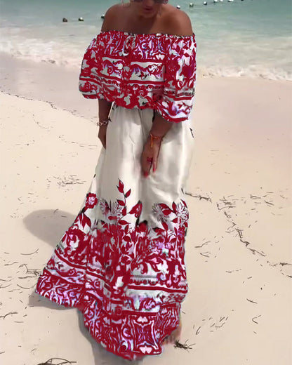 Off-Shoulder Gedrucktes Resort Kleid