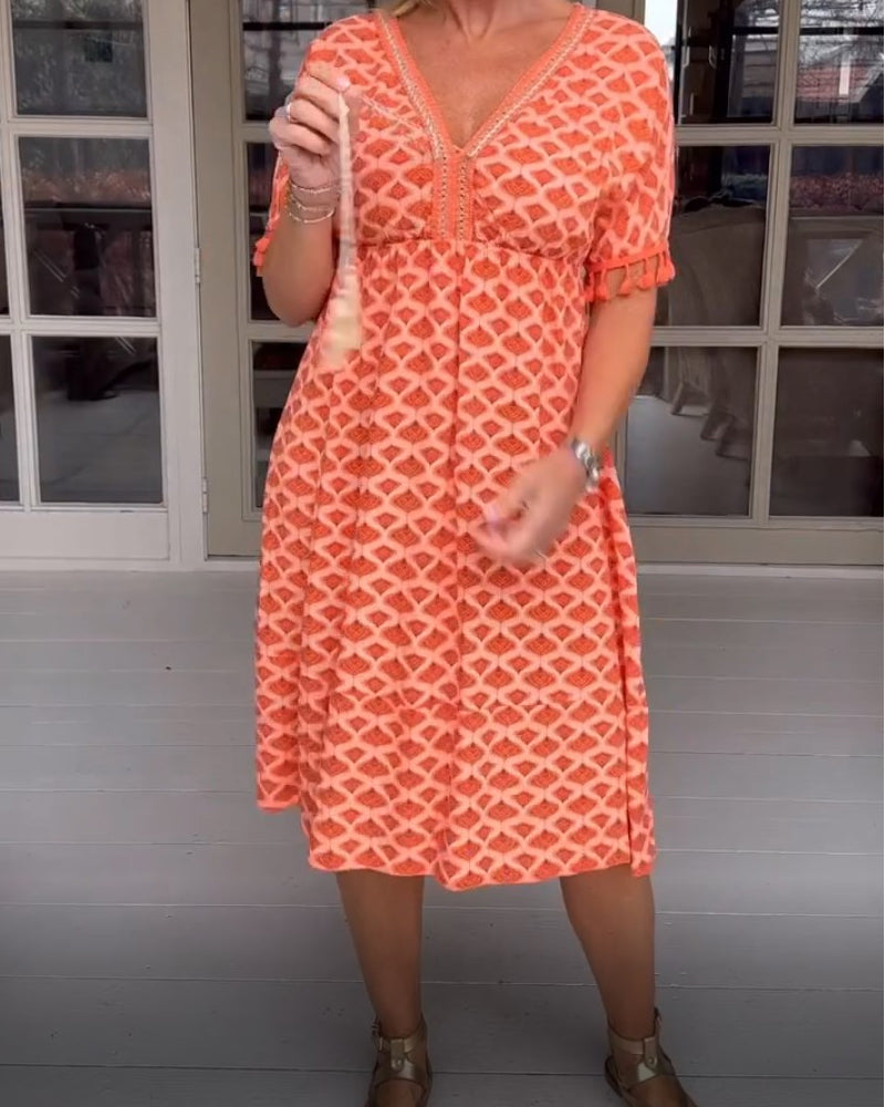Bedrucktes V-Ausschnitt-Fransen-Kleid