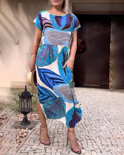 Blattdruck Kurzarm Schlitzkleid