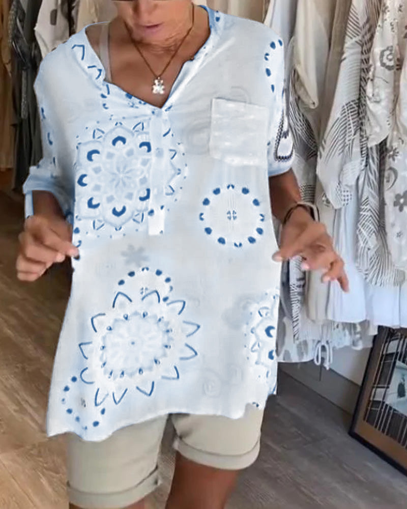 Vielseitige V-Ausschnitt Bedruckte Bluse mit Halben Ärmeln