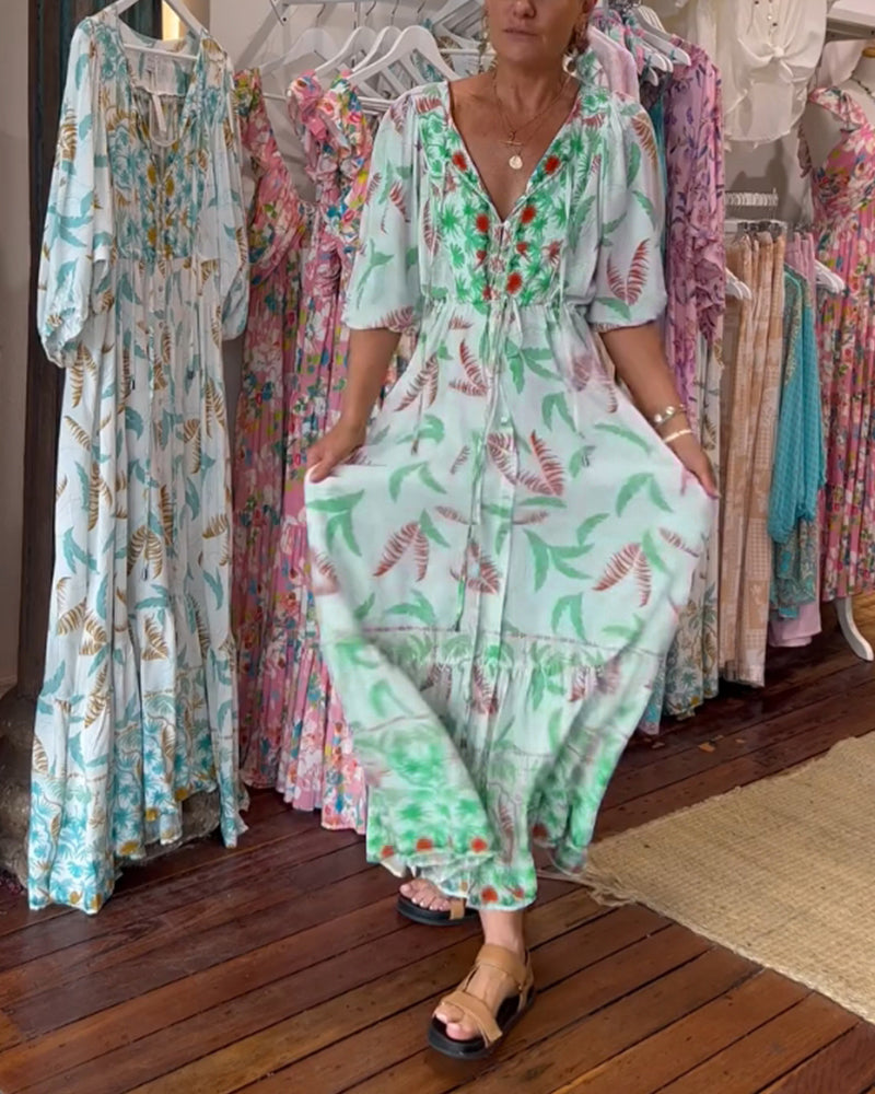 Damen Maxikleid mit V-Ausschnitt und Blattdruck