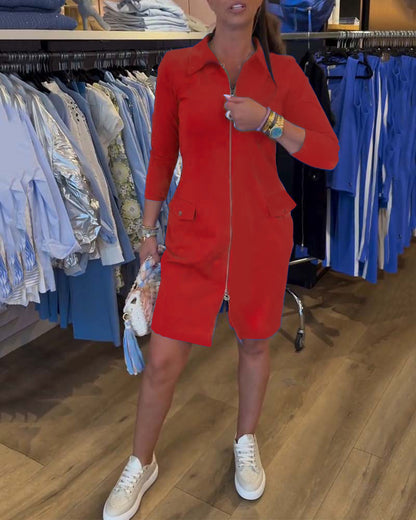 Revers Einfarbiger Reißverschluss Langarmkleid