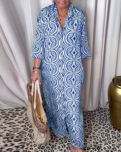 Vintage bedrucktes Revers-Taschen-Maxi-Kleid