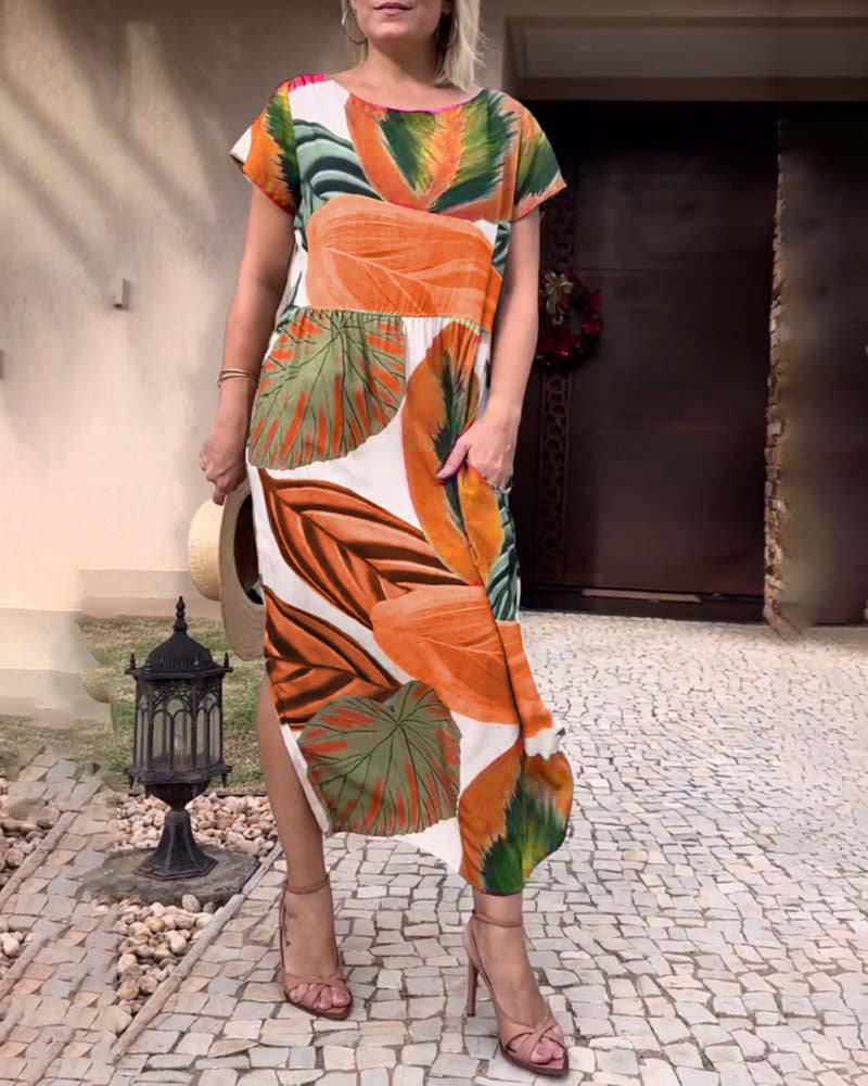 Blätterdruck Kurzarm Schlitzkleid