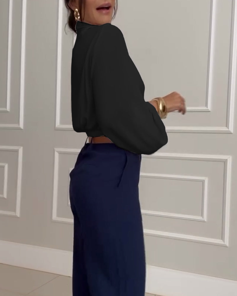 Mode unifarbene V-Ausschnitt Laternenärmel Bluse