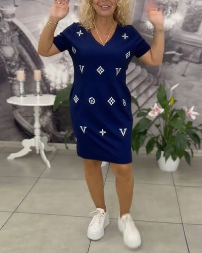 Mode V-Ausschnitt Kurzarmkleid