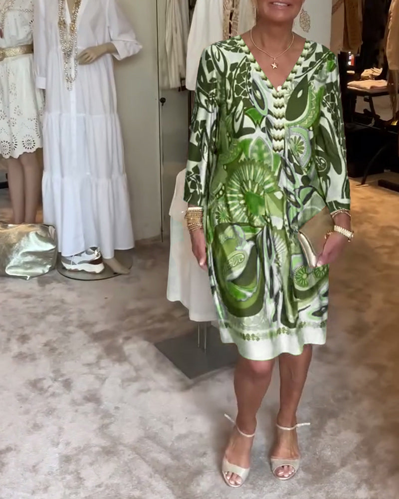 Retro-Druck V-Ausschnitt Freizeitkleid
