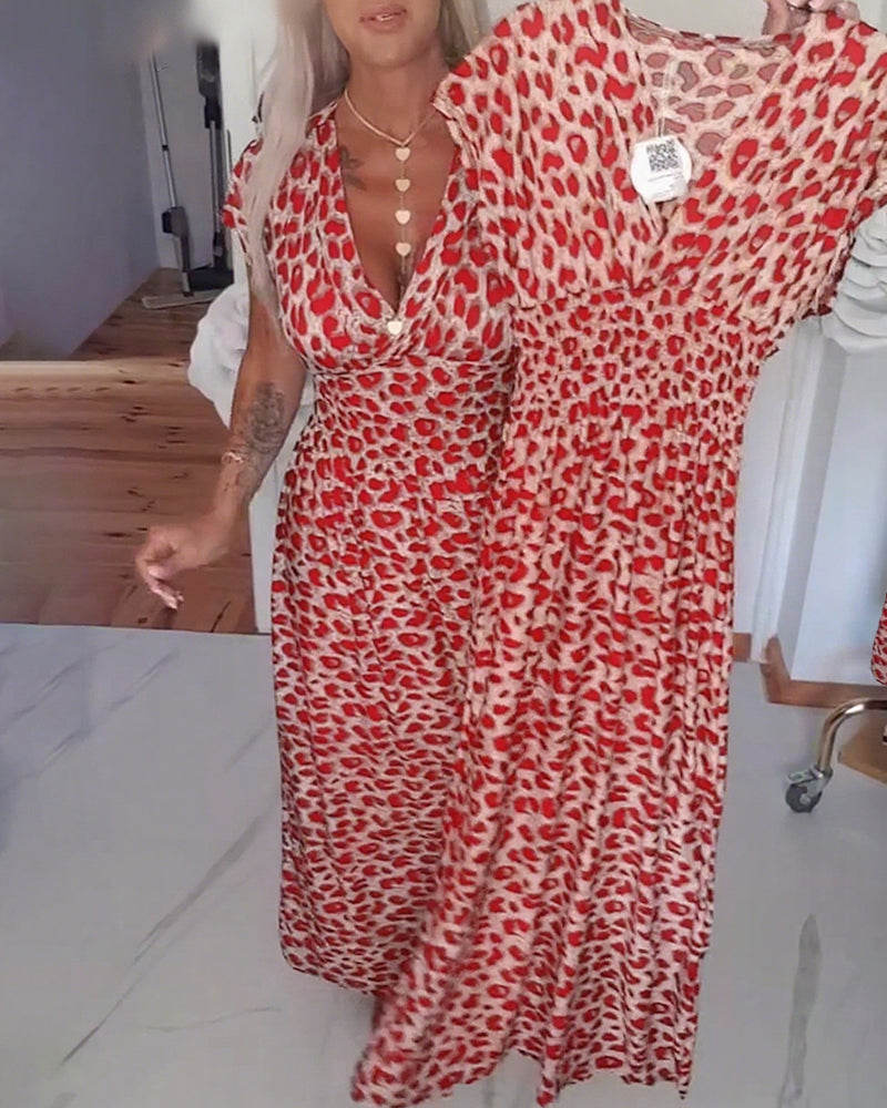 Elegantes Leopard-Print V-Ausschnitt Kleid