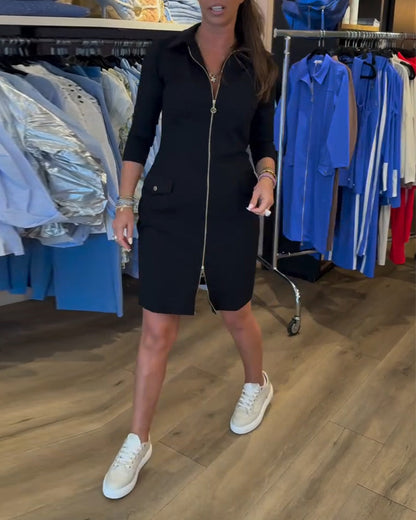 Revers Einfarbiger Reißverschluss Langarmkleid