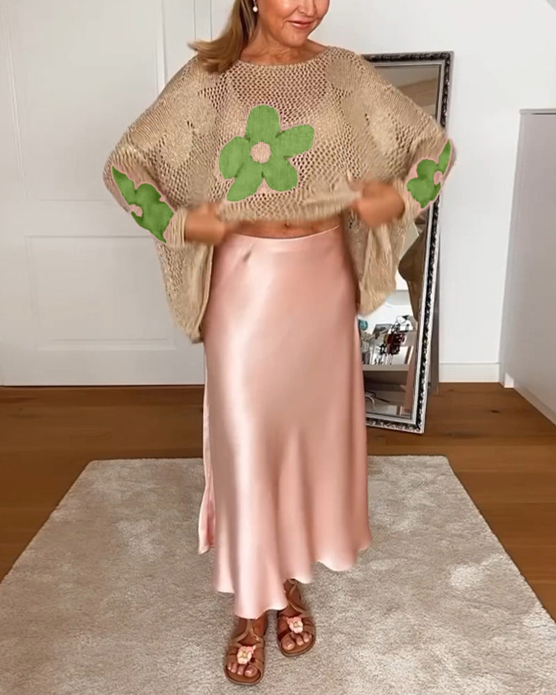 Lässiger floral runder Hals langärmeliger Pullover mit Ausschnitten