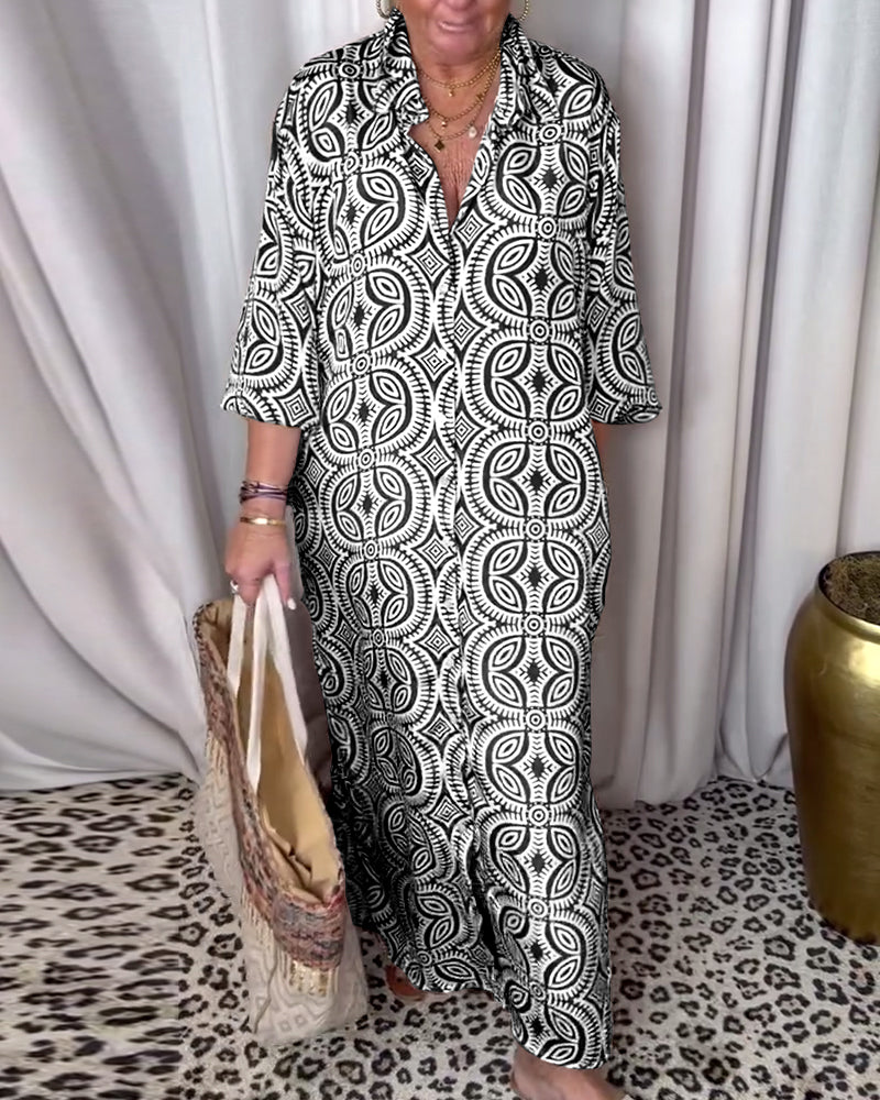 Vintage bedrucktes Revers-Taschen-Maxi-Kleid