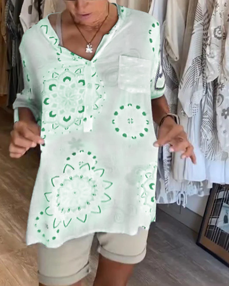 Vielseitige V-Ausschnitt Bedruckte Bluse mit Halben Ärmeln