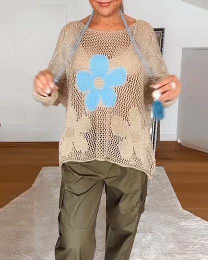 Lässiger floral runder Hals langärmeliger Pullover mit Ausschnitten
