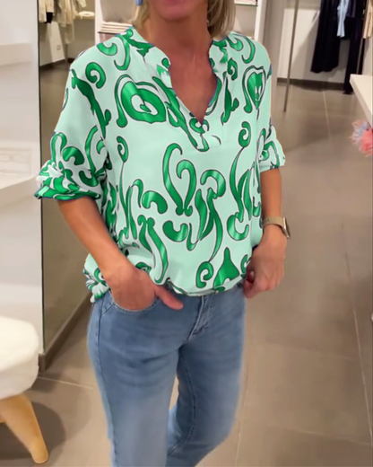 Elegantes langärmliges Oberteil mit bedrucktem V-Ausschnitt