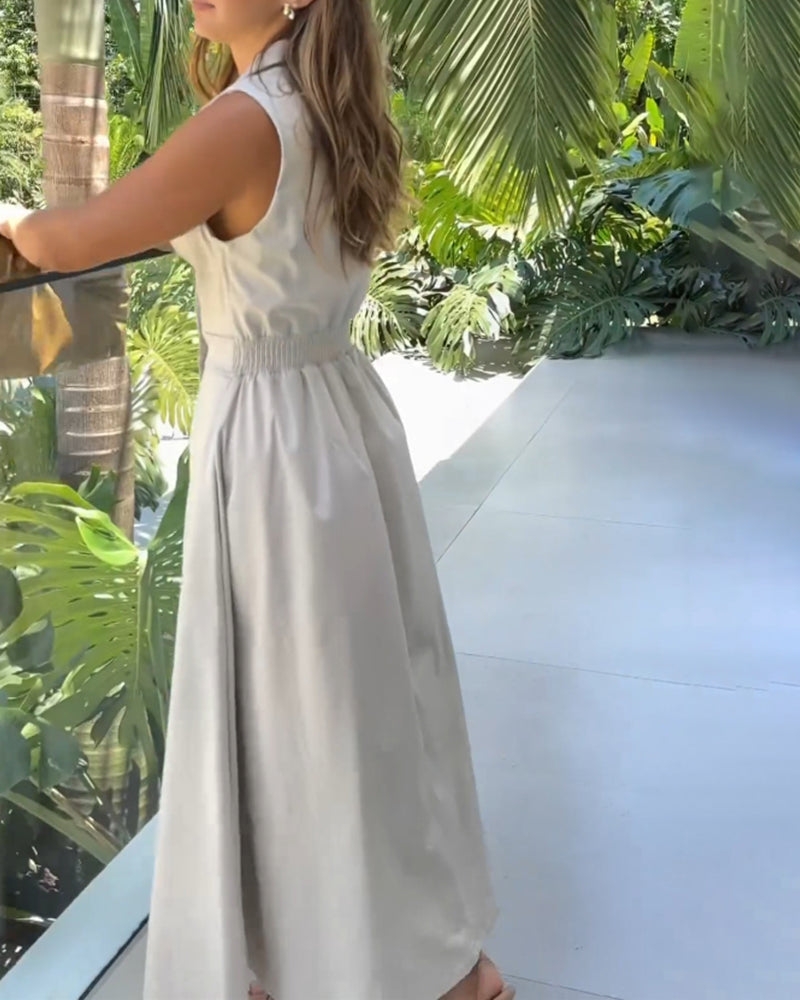 Ärmelloses Revers elegantes einfarbiges Kleid