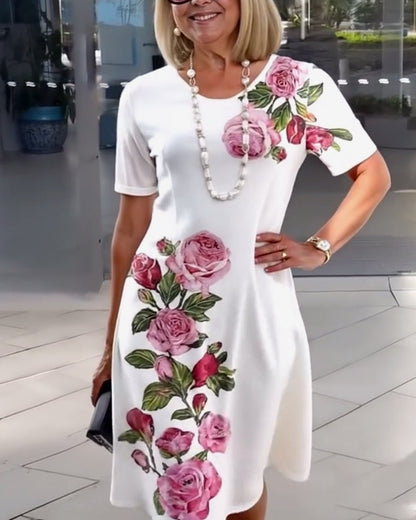 Kurzärmliges Shiftkleid mit Rosenmuster