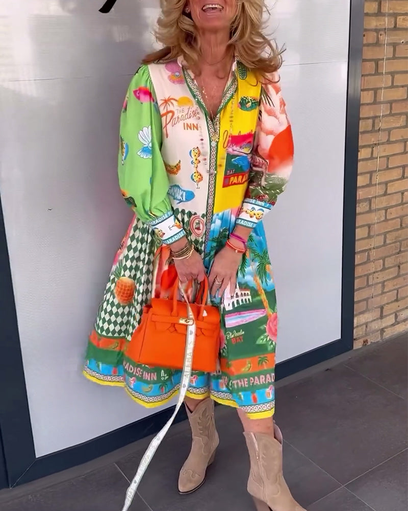 Bunt bedrucktes Revers-Kleid mit langen Ärmeln