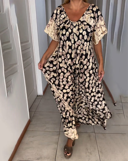 V-Ausschnitt bedrucktes kurzärmliges Kleid