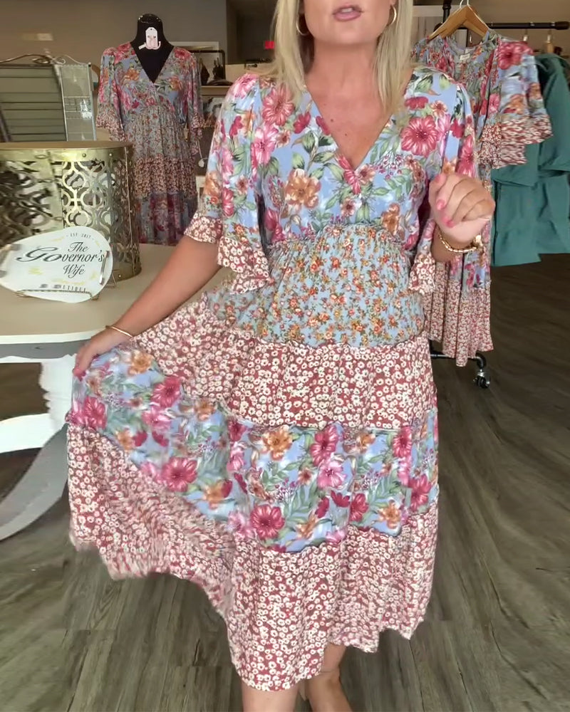 V-Ausschnitt Lotus Ärmel Blumen Kleid