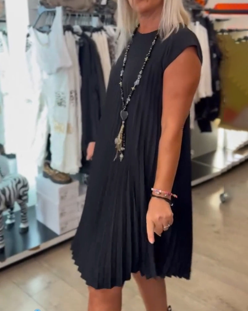 Rundhals einfarbig plissiertes Freizeitkleid