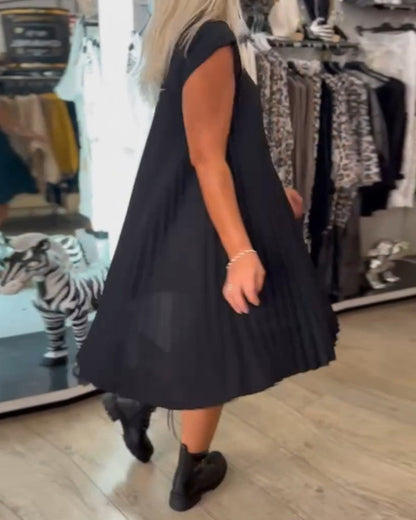 Rundhals einfarbig plissiertes Freizeitkleid