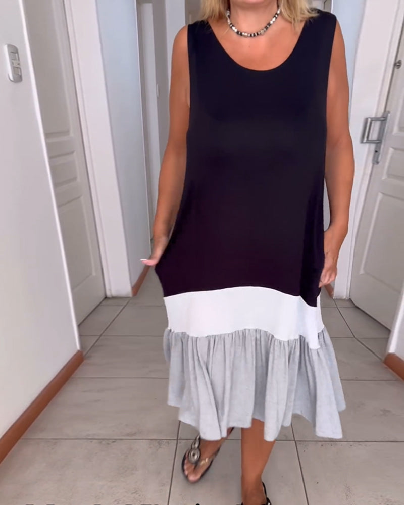 Farbblockiertes ärmelloses Rundhalskleid