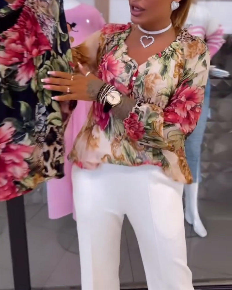 V-Ausschnitt Blumenmuster Bluse