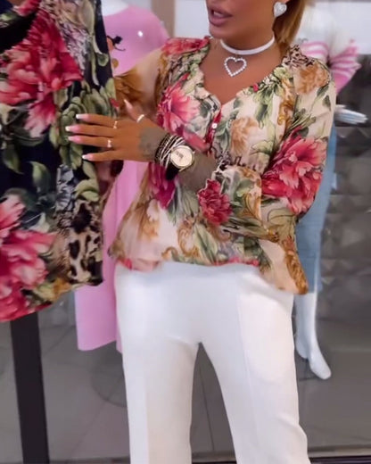 V-Ausschnitt Blumenmuster Bluse