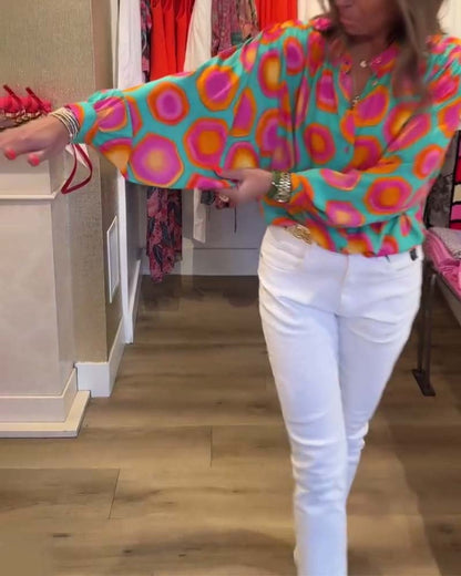 Buntes geometrisches Druckhemd mit Stehkragen