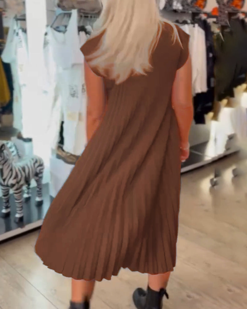 Rundhals einfarbig plissiertes Freizeitkleid