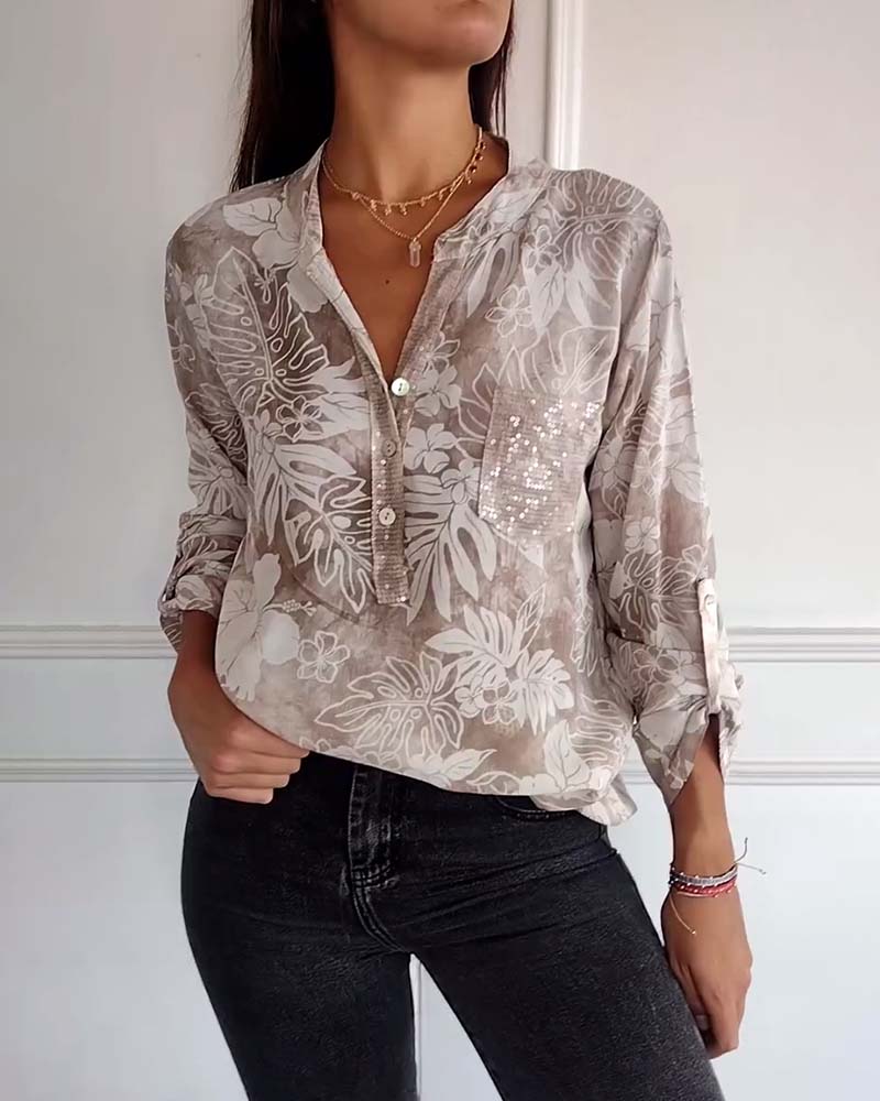 Patchwork-Pailletten-Blatt-Print-Top