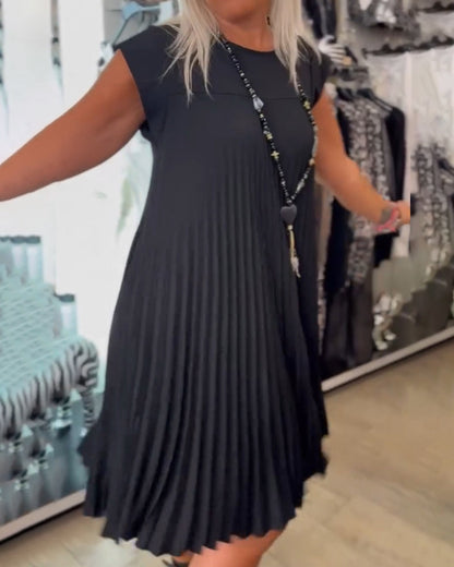 Rundhals einfarbig plissiertes Freizeitkleid